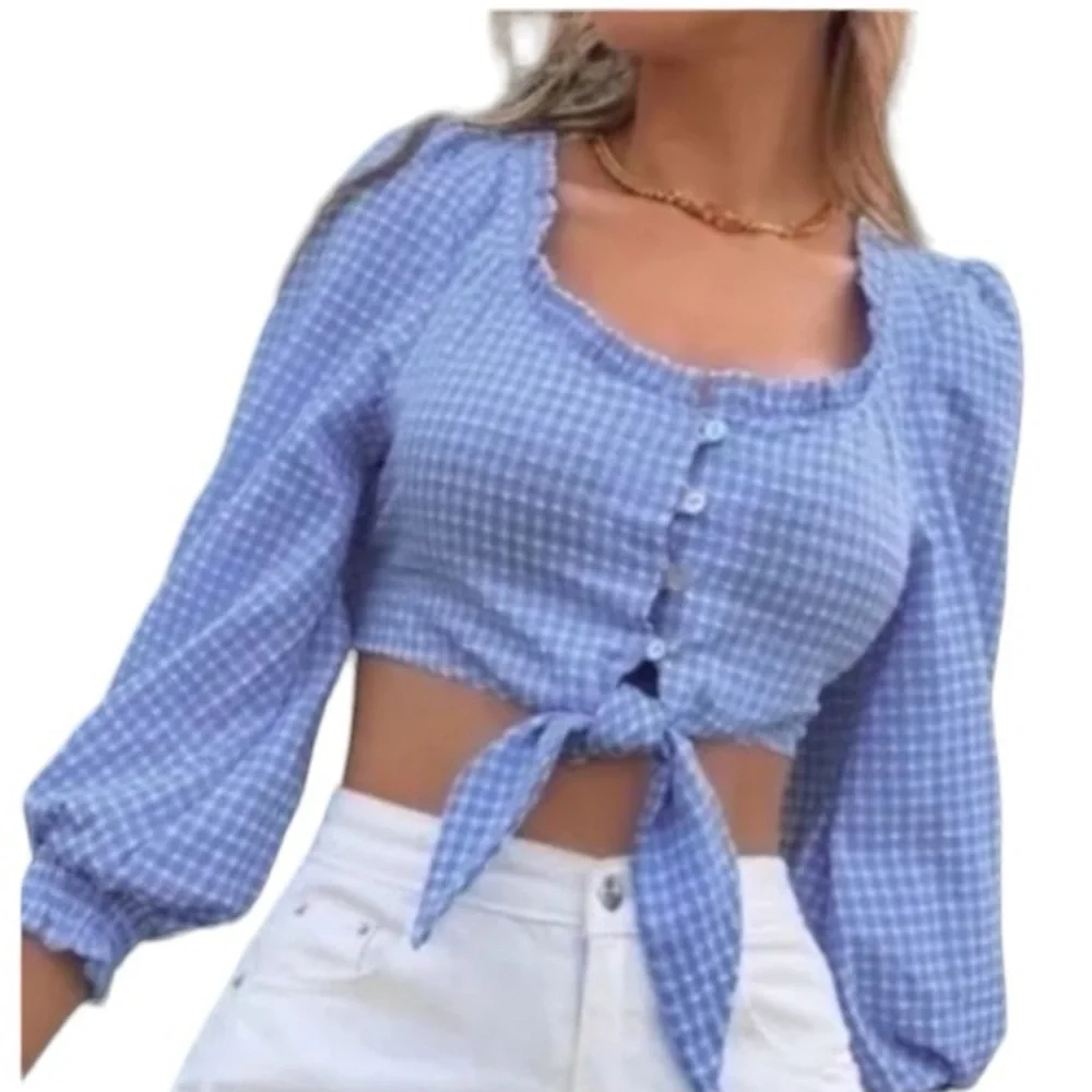 NWT ZARA Blue White Gingham Coquette Long Puff Sleeves Crop Top NWT XS